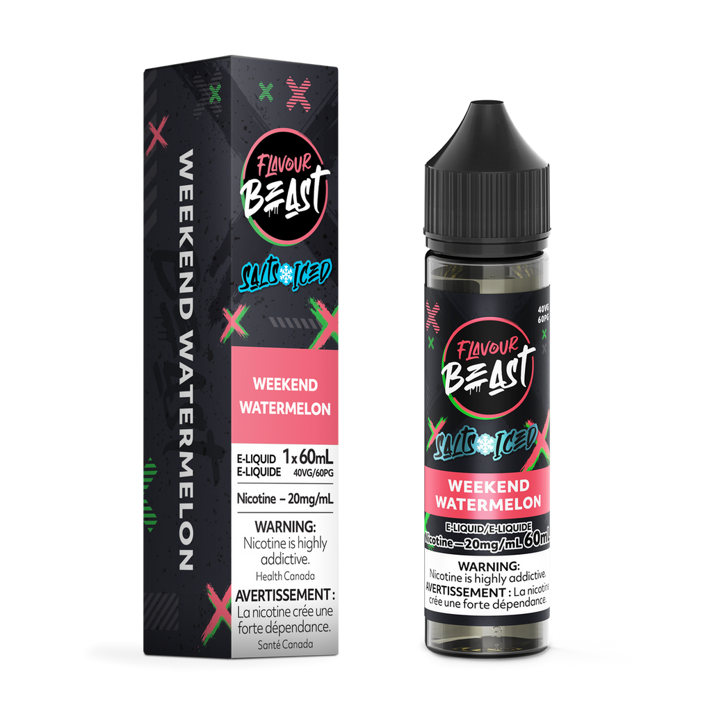 Flavour Beast Weekend Watermelon 60mL nicotine salt e-liquid bottle with black cap next to its branded box on a transparent background.