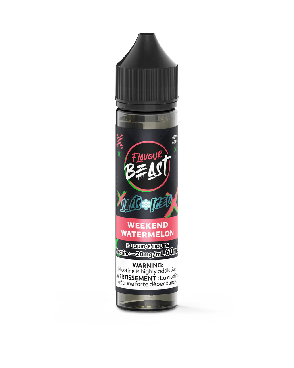 Flavour Beast Weekend Watermelon 60mL nicotine salt vape juice bottle with black cap on transparent background