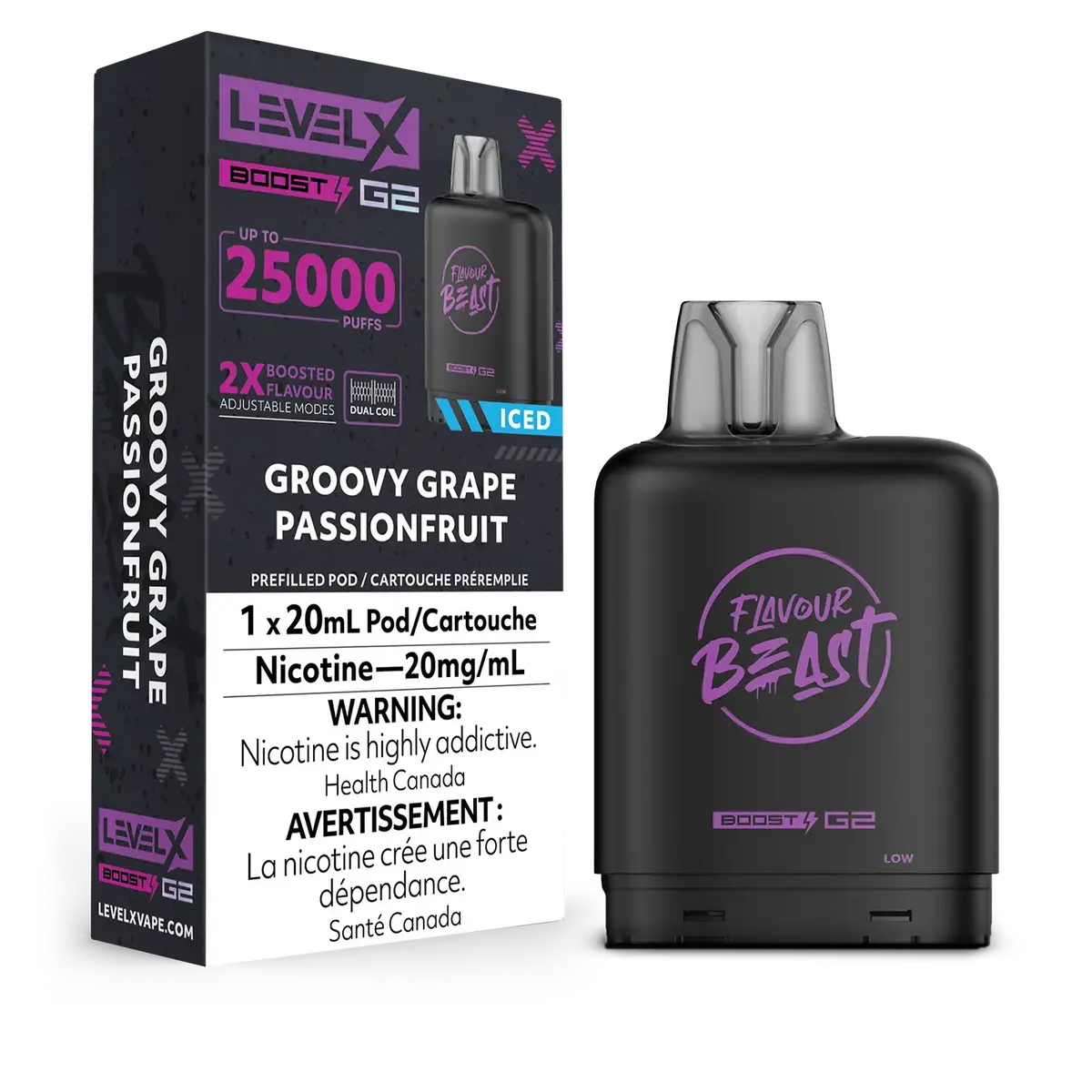 Cartouches Flavour Beast Level X Boost G2, saveur Raisin et Fruit de la Passion (Glacé). 